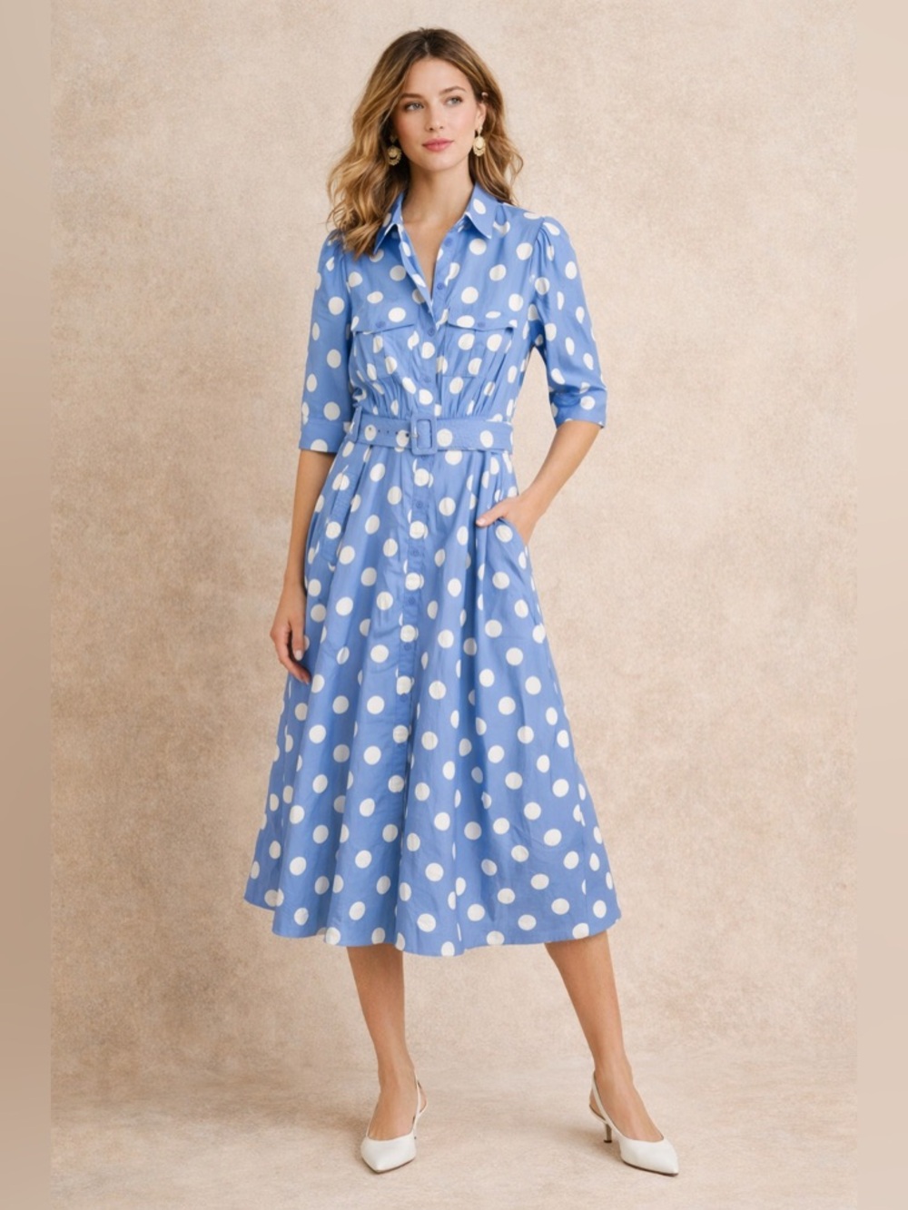 Essentiel Antwerp‎ Blue Polka Dots Fingy Puff-Sleeve Button Up Belted Midi Dress